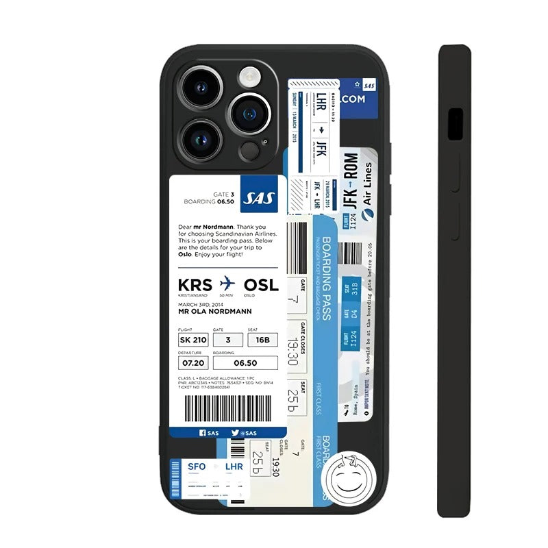 ブラックのソフトシリコン iPhone ケース 機票プリント 旅行モチーフ マット仕上げ