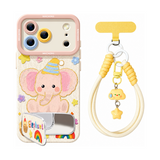 ゾウ柄+ミラースタンド+ストラップ(3点セット)の犬とゾウ柄 シリコン iPhoneケース、実物の柄と付属品の参考画像