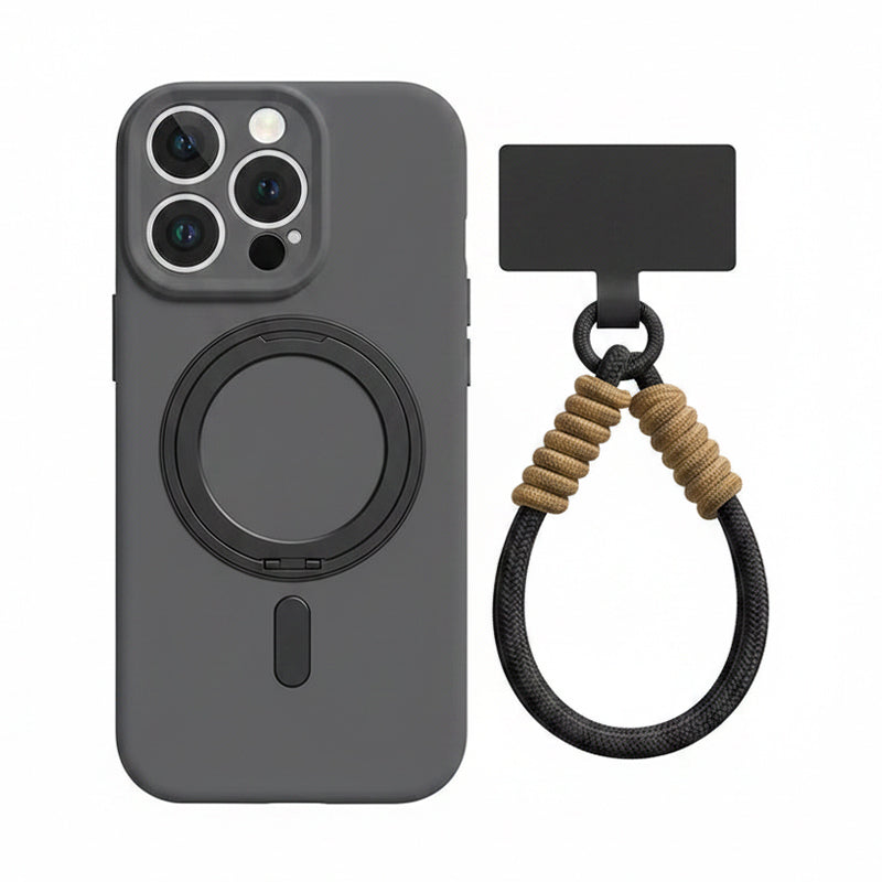グレーの回転リングスタンド付きiPhoneケースとリストストラップ