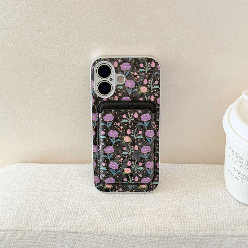 ブラック の 小花柄 シルバーフレーム iPhoneケース