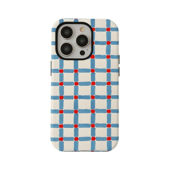 ブルー×レッドの手描き風チェック柄 光沢iPhoneケース