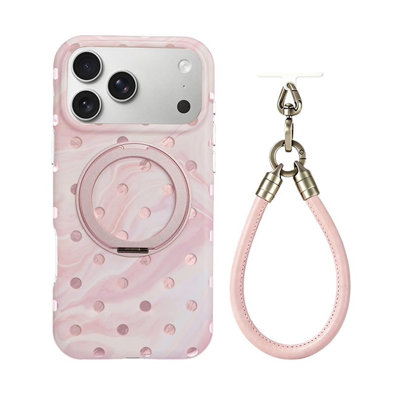 マーブルドット IMD iPhoneケース ピンク 360°回転スタンド・リストストラップ付き