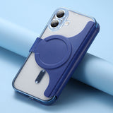ブルーのMagSafe手帳型iPhoneケース クリア背面・カード収納・スタンド付き