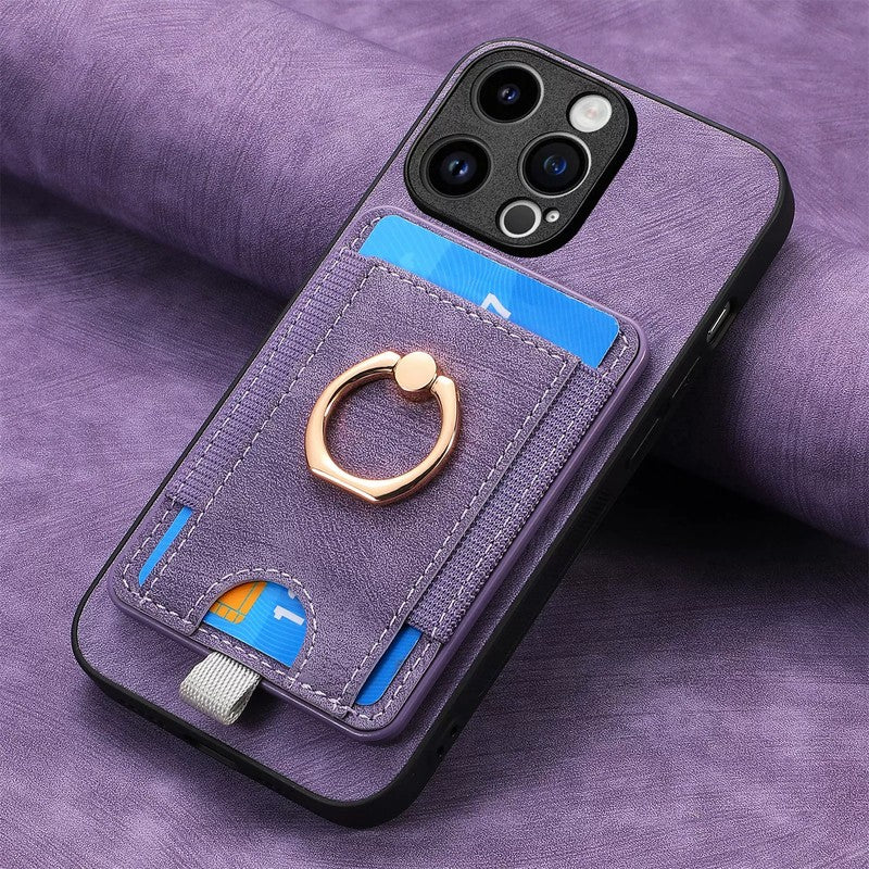 iPhone MagSafe ケース パープル - 磁気カードホルダー一体型、リング金具 + 短ストラップ、上品な PUレザー