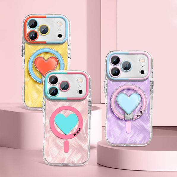 Dopamine Color Heart-Shaped Stand Camera Protection MagSafe Compatible Phone Case