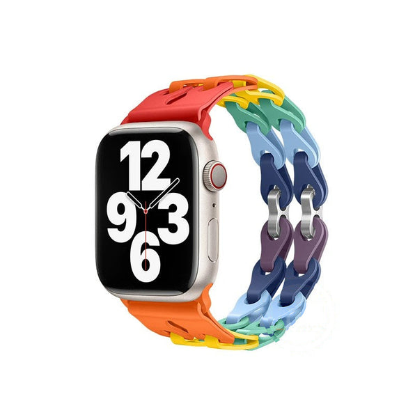 レインボーカラーのチェーンデザイン シリコン Apple Watch バンド、通気性のある鏤空リンク構造