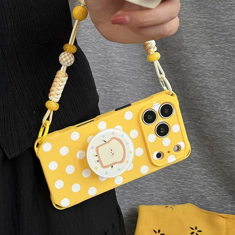 イエロー水玉iPhoneケースとハンドストラップの2点セット