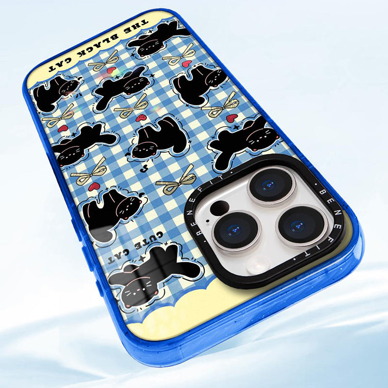 レトロチェック 黒猫 iPhoneケース 背面デザイン