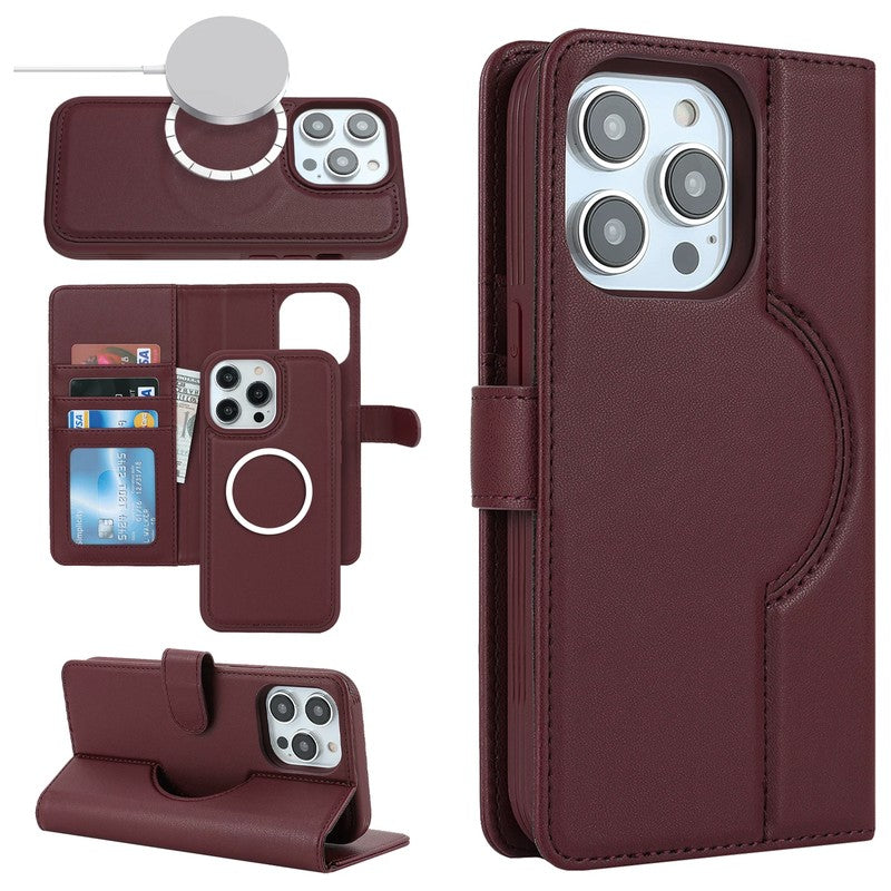 ワインレッドのMagSafe対応2-in-1レザー手帳型iPhoneケース カード収納