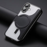 ブラックのMagSafe手帳型iPhoneケース クリア背面・カード収納・スタンド付き