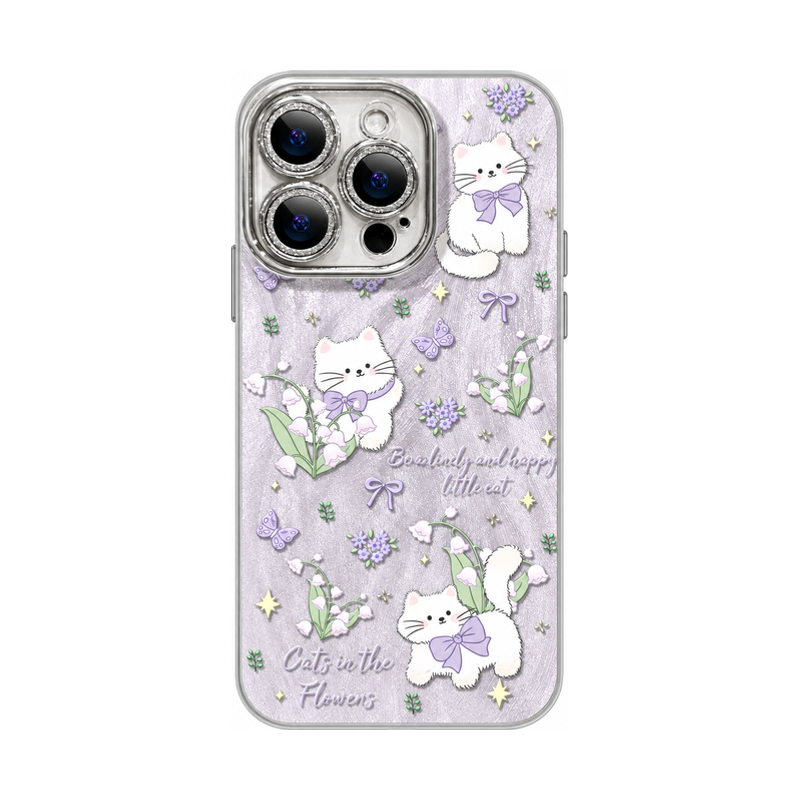 パープルキャット柄(単品)の猫と犬柄 メタリック iPhoneケース、実物の柄と付属品の参考画像