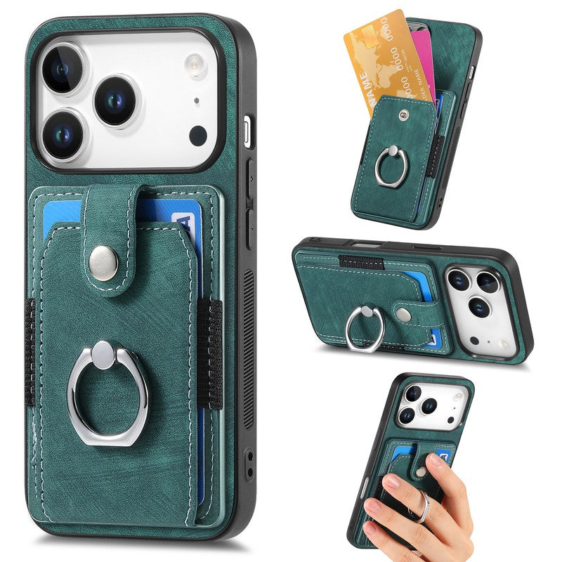 カード収納 リングケース グリーン レザー調 iPhone