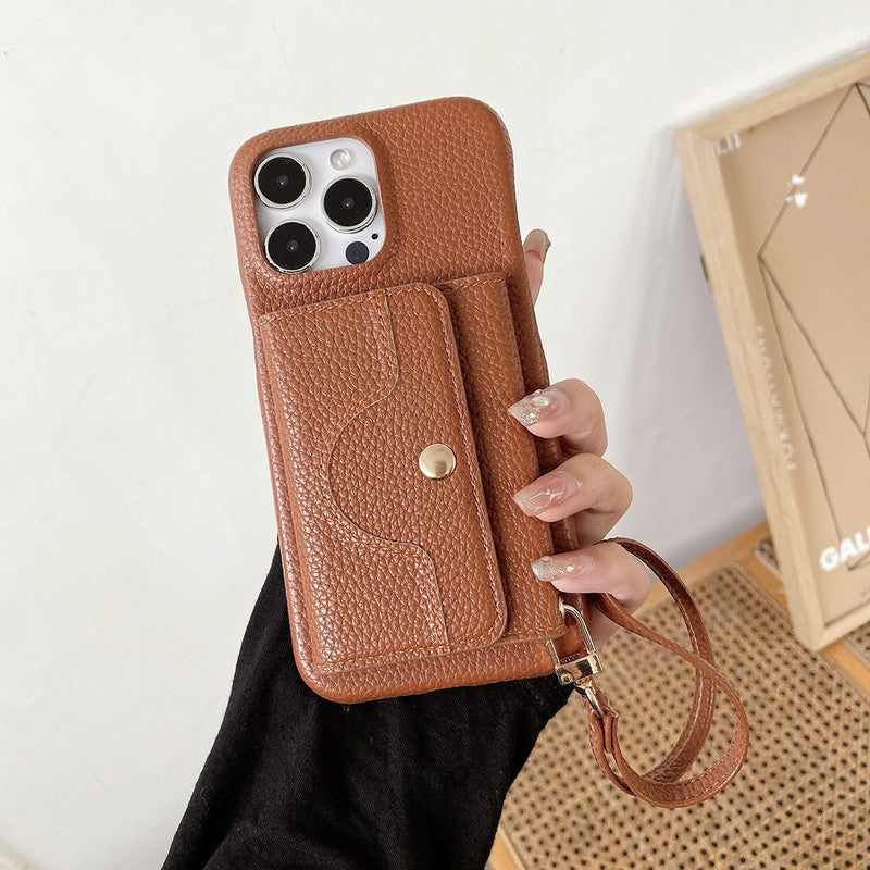 ダークブラウンの多機能iPhoneケース ミラー・カード収納・スタンド付き