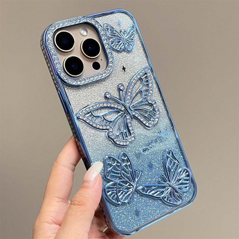 ラメ バタフライケース ブルー ビジュー iPhone