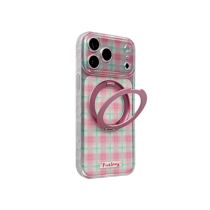 ピンクチェック 360度回転スタンド iPhoneケース