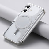 シルバーのMagSafe手帳型iPhoneケース クリア背面・カード収納・スタンド付き