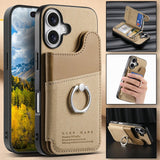 ベージュのレザー調iPhoneケース 大容量カード収納・リングスタンド・耐衝撃