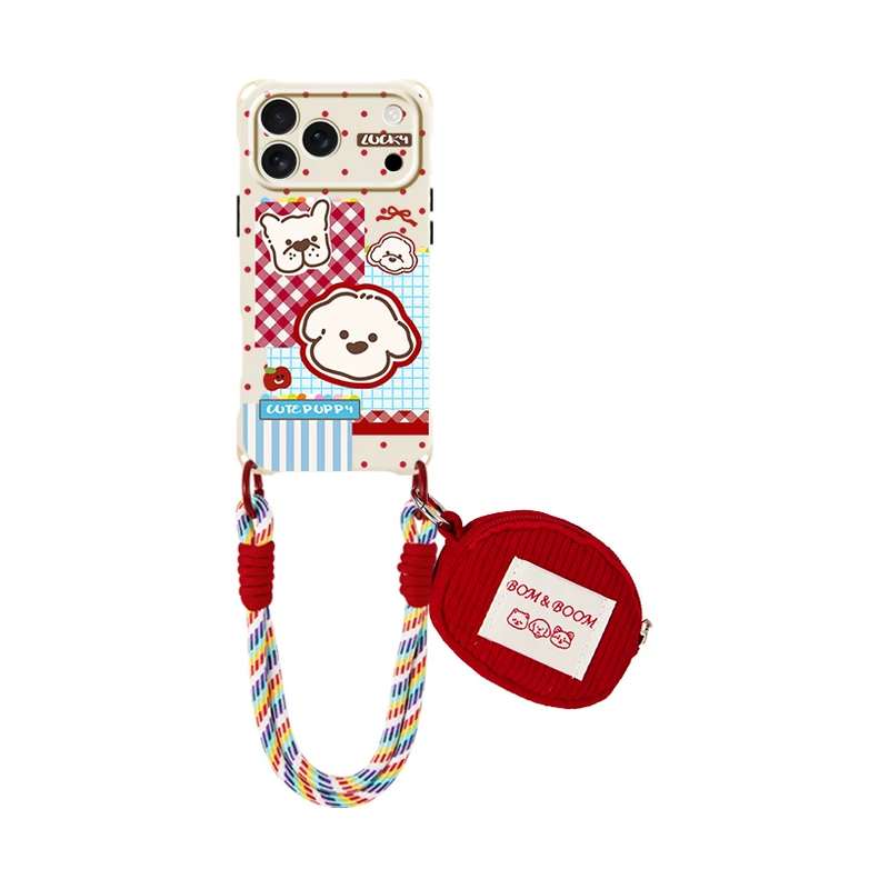 レッドチェック ドッグ柄+ショートストラップ+ミニポーチのアニマルパッチワーク iPhoneケース 白背景商品画像