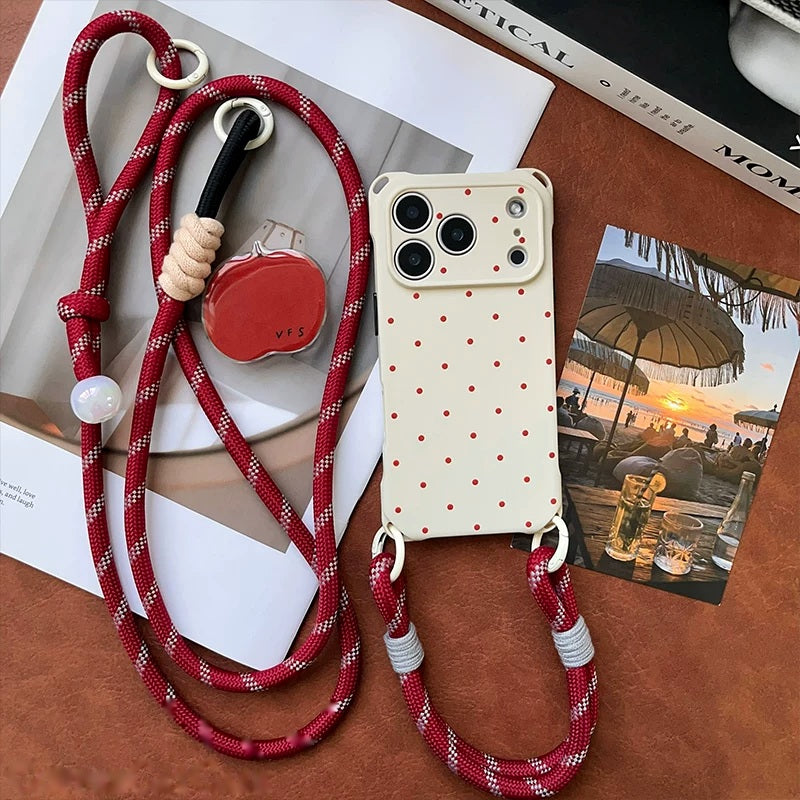 りんご柄iPhoneケースとショルダー＆ハンドストラップの3点セット