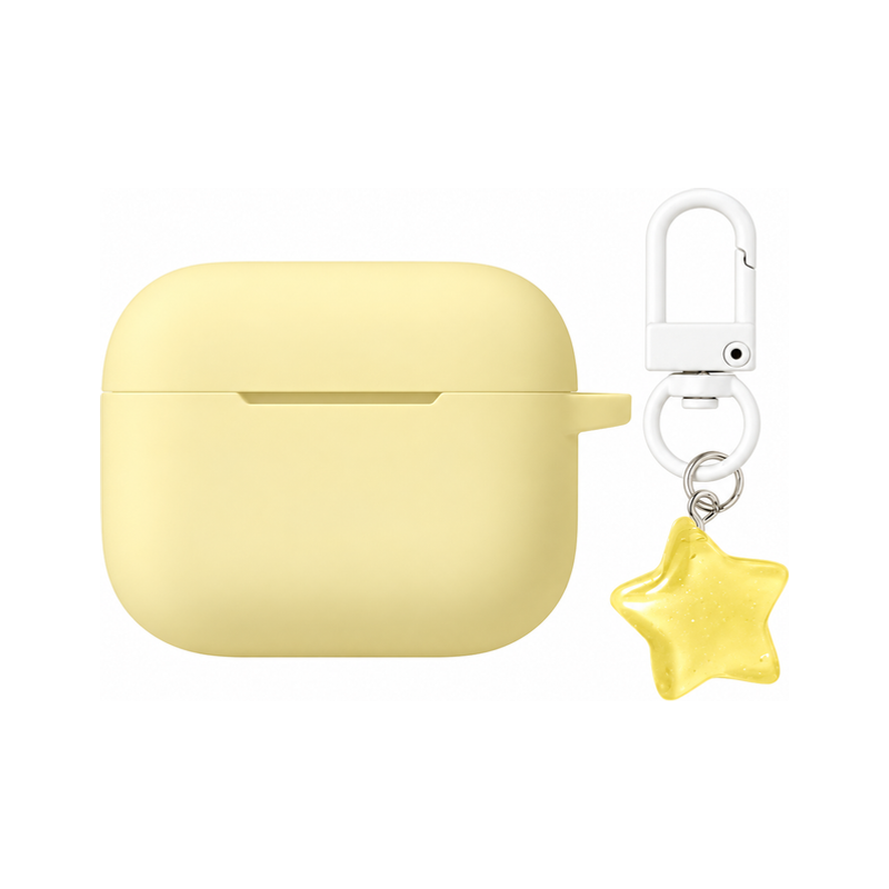 イエロー+スターチャーム(2点セット)のピンク シリコン ソフト AirPodsケース、実物の柄と付属品の参考画像