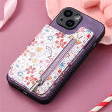 パープル の 花柄カードポケット iPhoneケース