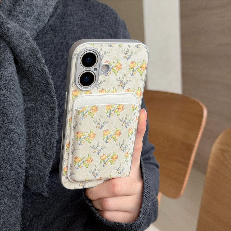 アイボリー の 小花柄 シルバーフレーム iPhoneケース