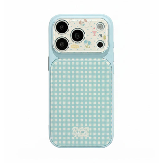 iPhone 17/16/15/14/13 ケース 子犬 花柄 ギンガムチェック ブルー 大視窓 アクリル