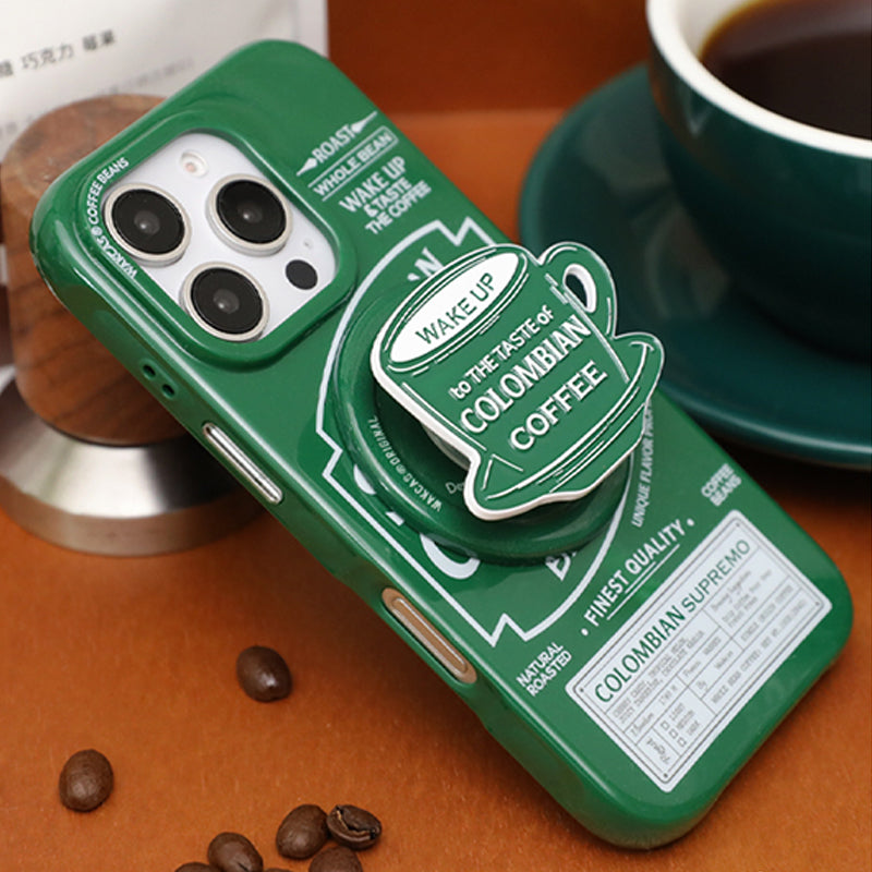 レトロ個性派コーヒーテーマグリーンマグネット式スマホケース