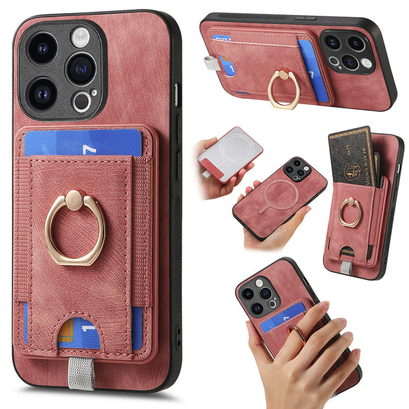 [Compatible with iPhone 18 Pro Max/18 Pro] iPhone 17/16/15/14/13 MagSafe-Compatible PU Leather Phone Case with Card Holder & Ring Stand