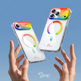 レインボー MagSafe対応 iPhone クリアケース 2機種ライフスタイル 青空背景 七色グラデーション PC+TPU 二重 耐衝撃 おしゃれ