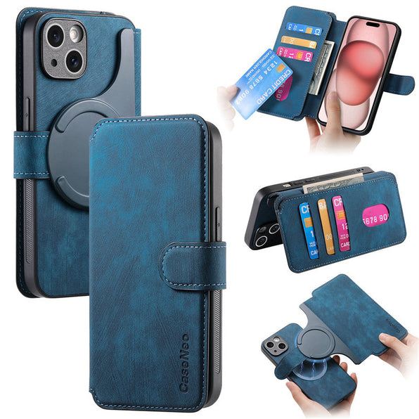 レトロ風ウォレット＆スタンド機能付きMagSafe対応着脱式PUレザー手帳型スマホケース(6色展開)