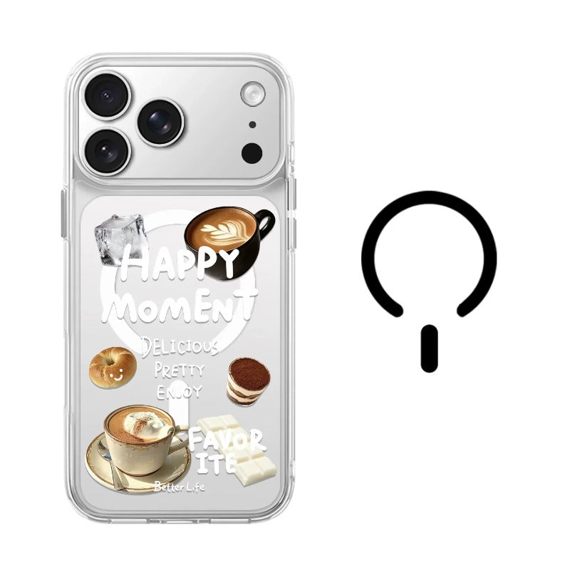 【MagSafe対応】iPhone ケース クリア × カフェケーキ柄 磁石リング内蔵 コーヒー食べ物デザイン iPhone 17/16/15/14/13 全15機種対応 かわいい