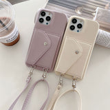 日韓風カード収納 斜め掛け荔枝柄レザーiPhoneケース