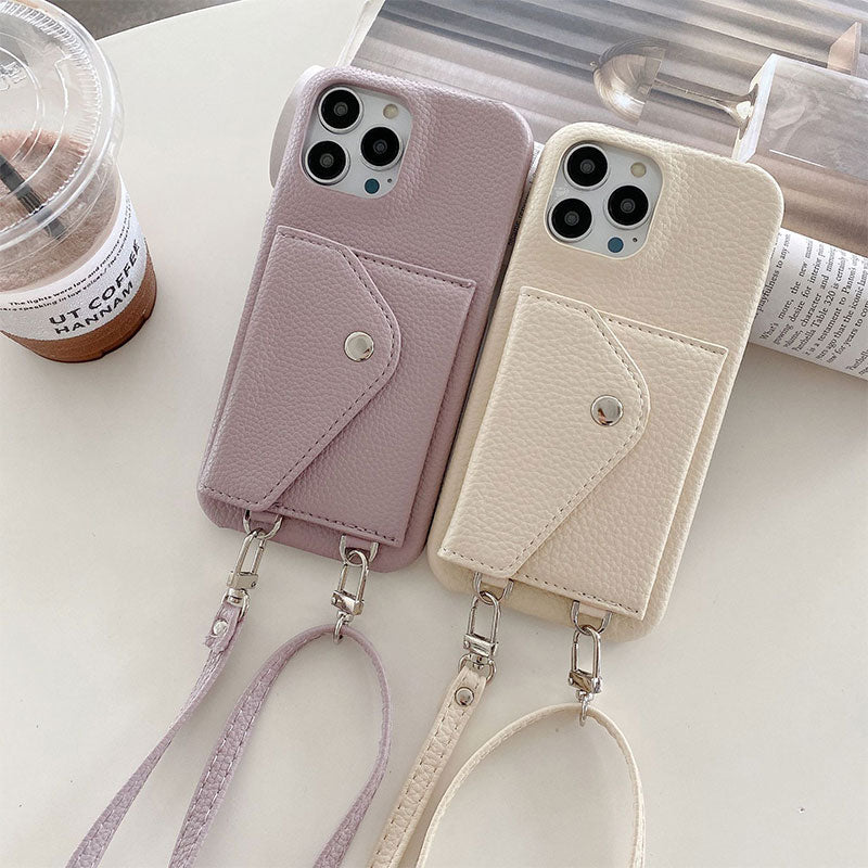 日韓風カード収納 斜め掛け荔枝柄レザーiPhoneケース