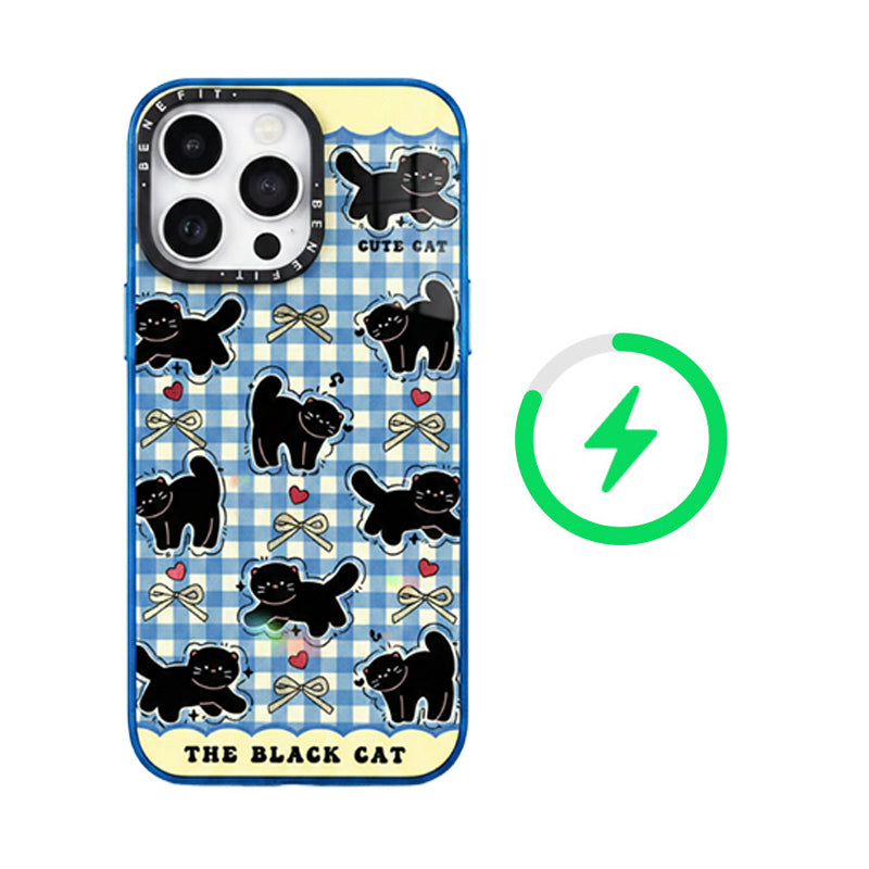 ブルー チェックキャット マグネット対応 iPhoneケース