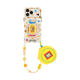 ベージュドット オッター柄+ショートストラップ+ミニポーチのアニマルパッチワーク iPhoneケース 白背景商品画像