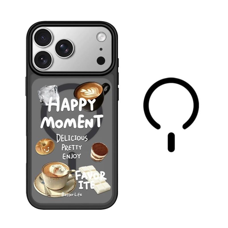 【MagSafe対応】iPhone ケース クリアブラック スモーク × カフェケーキ柄 磁石リング内蔵 iPhone 17/16/15/14/13 全15機種対応 おしゃれ