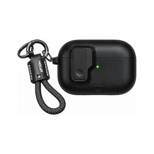 ブラック光沢+指掛けストラップ(2点セット)のロック付き AirPodsケース ストラップセット、実物の柄と付属品の参考画像