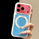 ホワイト×ブルー レッドチェックフレーム iPhone ケース ガラス背板 バイカラー