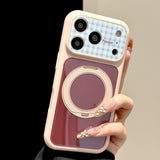 ピンク×レッド ブルーチェックフレーム iPhone ケース 360°回転スタンド バイカラー