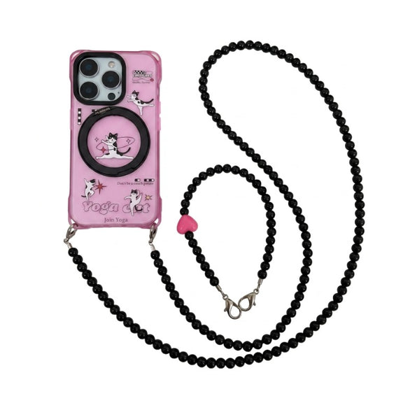 Smartphone case with 360-degree rotating stand, long and short straps, and a yoga cat motif