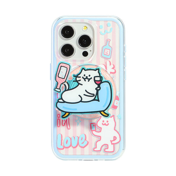 Pink Striped Relaxed Cat Motif Rotating Stand MagSafe Compatible Phone Case