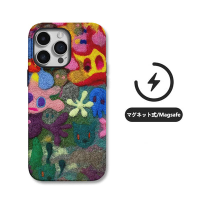 ファー調抽象柄二重構造フィルム加工マグネット式スマホケース(シリコン+PC)
