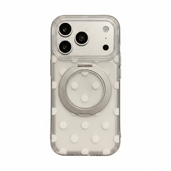 iPhone 18 Pro Max・18 Proを含む全15機種対応 北欧 シンプル ドット 水玉 半透明マット iPhone ケース 360°回転スタンド 一体型 PC+TPU ハイブリッド 耐衝撃 装着展示