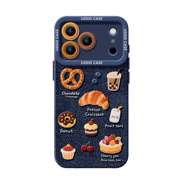 Embroidered Bread Pattern Denim iPhone Case with Strap
