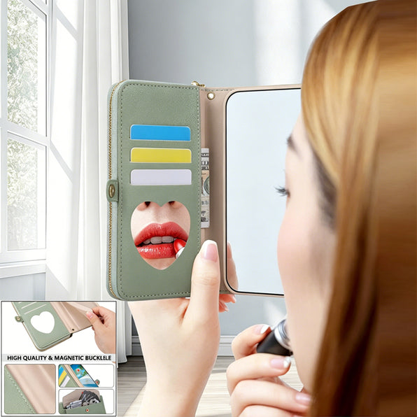 [Compatible with iPhone 18 Pro Max/18 Pro] iPhone Wallet Case with Mirror, Card Storage, Strap, and Leather Finish, Available in 6 Colors (Compatible with 17 Pro Max/Air/16/15/14/13) - Trendy Korean Style