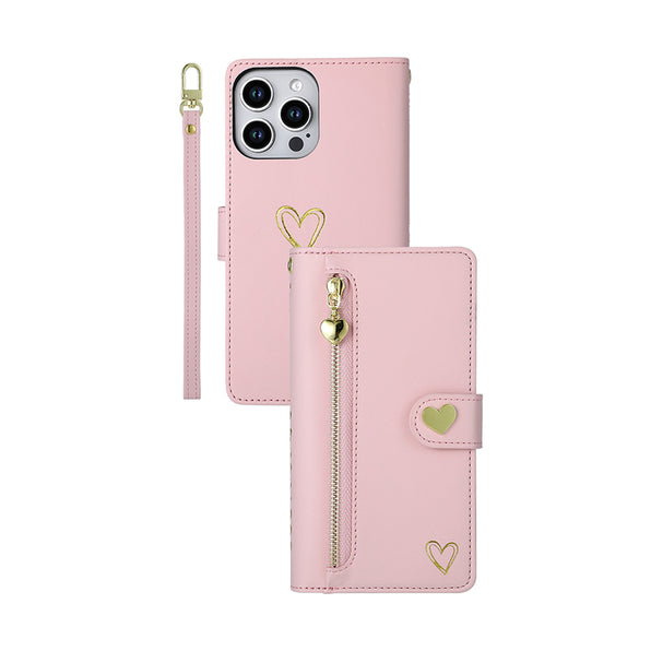 Heart-patterned leather-style wallet iPhone case, 6 colors available