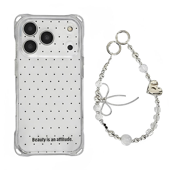 Clear Smartphone Case with Black Dot Pattern, Silver Ribbon Chain & Heart-shaped Grip