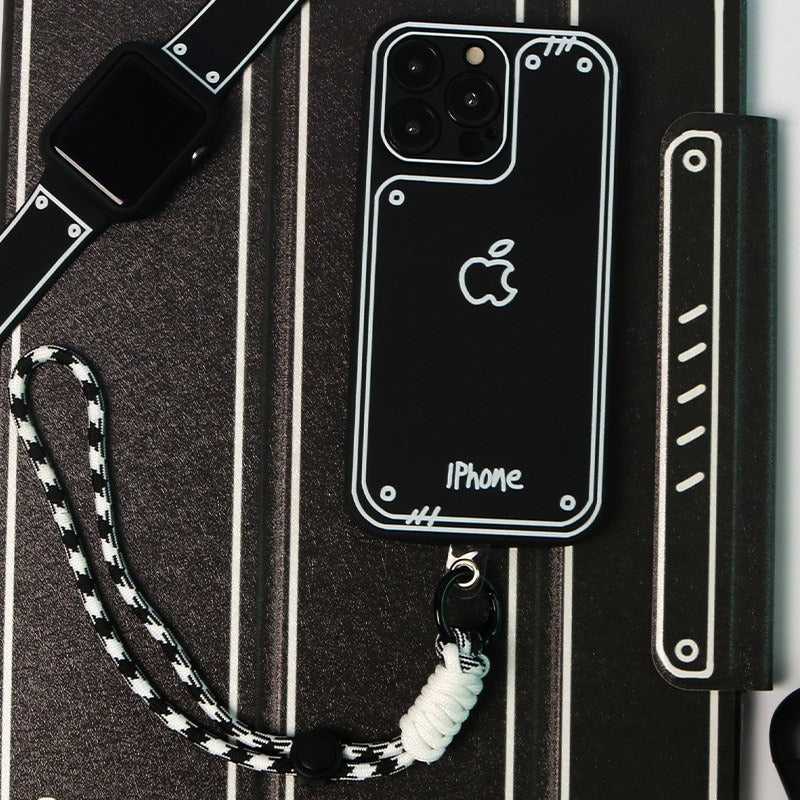 ブラック 落書き風 iPhoneケース モノトーンストラップ付き