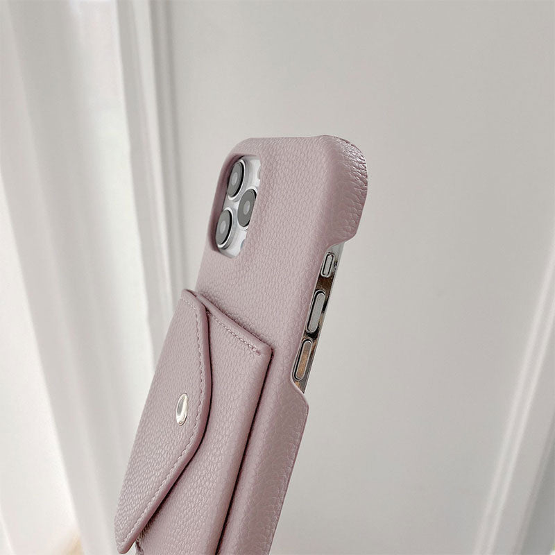 日韓風カード収納 斜め掛け荔枝柄レザーiPhoneケース